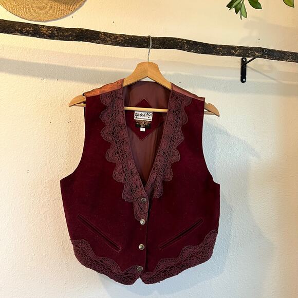 Katch Me West Jackets & Blazers - Deadstock 90s Burgundy Purple Suede Genuine Leather Lace Trim Vest Size Large